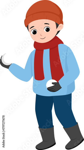 Boy Holding a Snowball – Winter Activity Vector