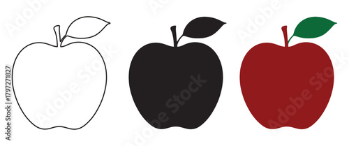 Three apple icons: outline, silhouette, and color.