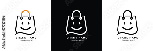 Three minimalist handbag logos with a placeholder for brand name, featuring clean line art and monochrome color scheme.