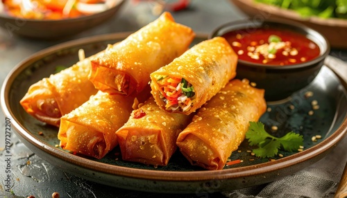 A close-up shot of several golden-brown, crispy spring rolls arranged on a dark plate, with a small bowl of red dipping sauce and a sprig of cilantro.