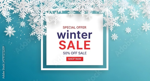 Special winter sale advertisement with decorative snowflakes