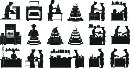 gbaking, cooking, chef, kitchen, silhouette, pastry, teamwork, oven, cake, decorating, mixing, plating, culinary, preparation, professional