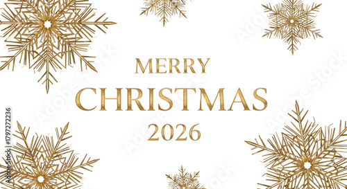 Elegant merry christmas 2026 design with golden snowflakes on a dark background