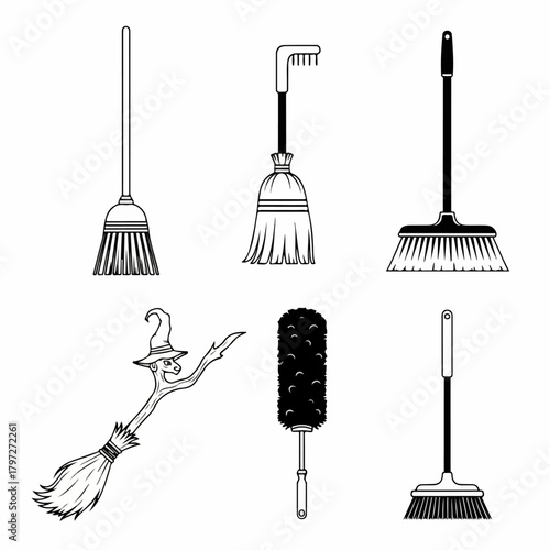 Vector set of cleaning instruments, featuring various types of household brooms, a long duster, and a stylized Halloween witch's broomstick icon.