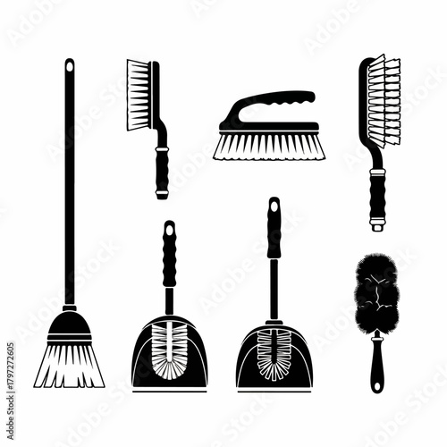 Collection of household cleaning equipment vector icons featuring broom, scrub brushes, toilet plungers, and duster silhouettes.