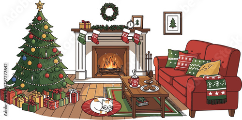 Cozy christmas living room with a decorated tree fireplace and sleeping cat