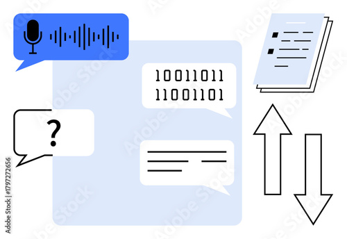 Speech bubble with sound wave, binary code, text messages, document with checklist, and arrows indicating data flow. Ideal for communication, AI, information exchange, technology language