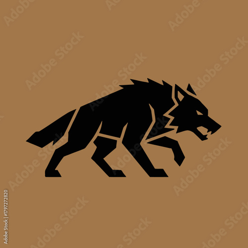 A striking black geometric silhouette of a fierce wolf with an open mouth and sharp teeth, depicted in a stylized, angular design on a solid brown background.