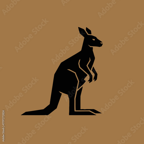 A stylized black kangaroo silhouette against a warm brown background, minimalist design.