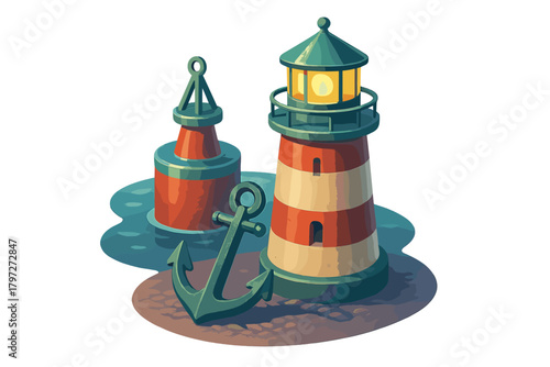 Striped lighthouse, marine buoy, and anchor representing coastal navigation