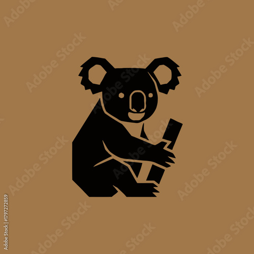 A stylized black silhouette of a koala bear holding onto a bamboo stalk against a brown background.