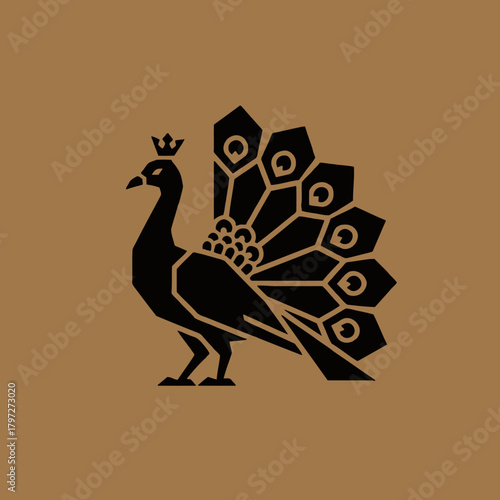 A stylized black peacock illustration with a crown, displaying its feathers against a brown background.