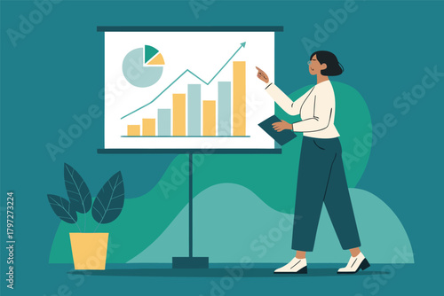 Confident manager presents detailed digital quarterly report on large screen, business meeting, collaboration, data visualization.