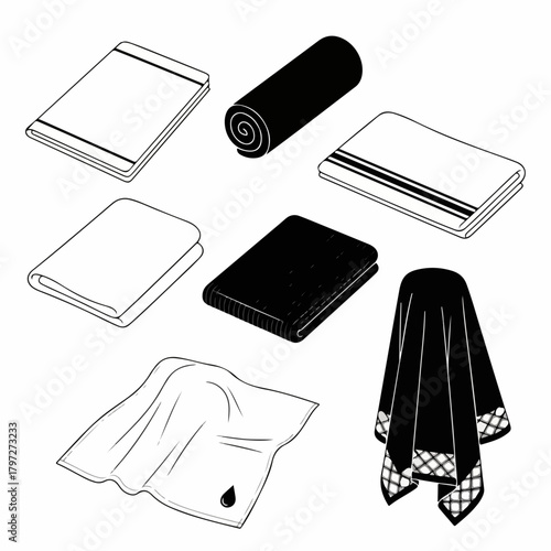 Isometric black and white textile icons set featuring folded, rolled, and draped towels and cloths, suitable for linen or spa concepts.