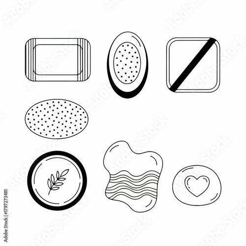 Minimalist line art set of beauty and self-care essentials: soap, exfoliating sponges, botanical icon, and Gua Sha massage stone vector illustration.