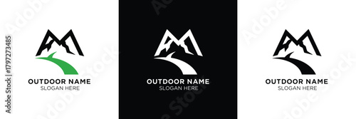 Three sleek mountain logos in black and green, ideal for outdoor brands, with text placeholders for customization.