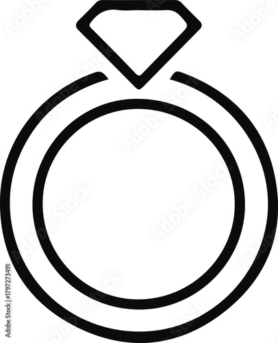 Diamond ring minimal modern outline icon, Simple line-art illustration of a diamond engagement ring, symbolizing proposals, commitment, luxury, romance, and wedding celebrations in a clean style.


