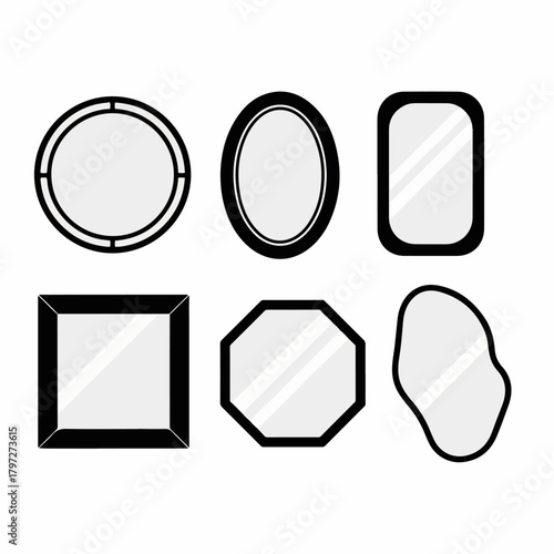 Collection of decorative mirrors icons, featuring various shapes like round, oval, square, and organic designs, vector isolated on white background.