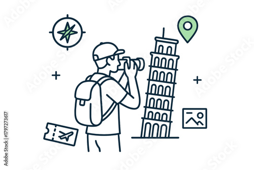 Tourist photographing the iconic Leaning Tower of Pisa landmark during a European vacation