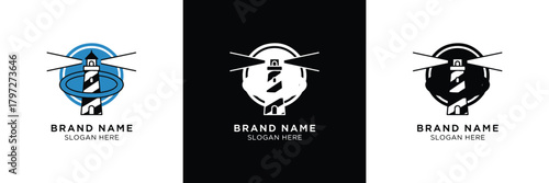 Three logo variations featuring a lighthouse icon with different color schemes and text placeholders for branding purposes.