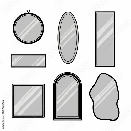 Set of seven different geometric and modern mirror shapes vector illustration, including round, oval, rectangular, and irregular designs, isolated on white.