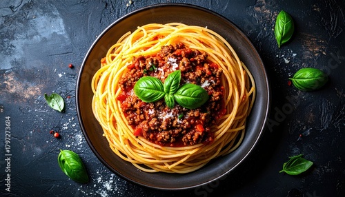 A close-up overhead view of a plate of spaghetti bolognese, garnished with basil and parmesan, on a dark, textured surface.