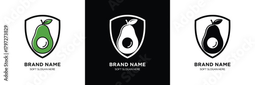 Three avocado-themed shield logos with brand name placeholder, featuring green, white, and black color schemes for branding.