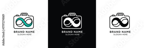 Three sleek camera logos featuring infinity symbols, ideal for photography branding and modern design projects.