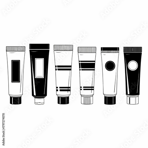 Monochrome vector illustration set of cosmetic cream tubes, showing six different black and white packaging mockups for skincare, medicine, or beauty products.
