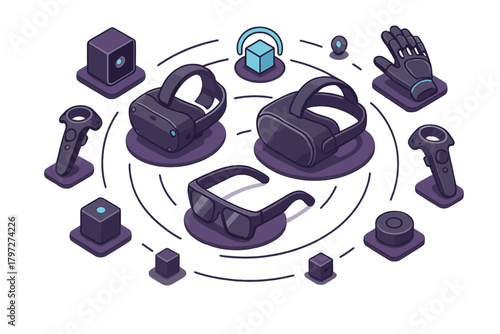 Isometric network diagram of virtual reality and augmented reality devices