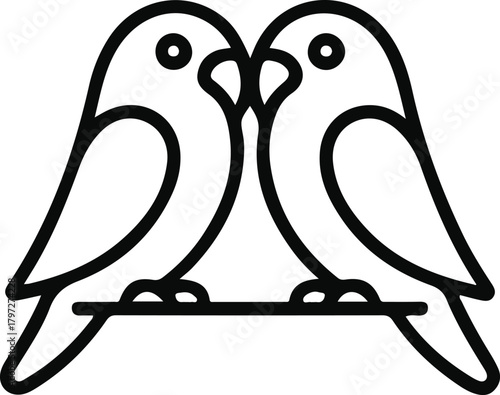 Two cute birds perched together line art, Minimal outline illustration of two small birds sitting closely on a branch, symbolizing companionship, affection, nature, and peaceful harmony.

