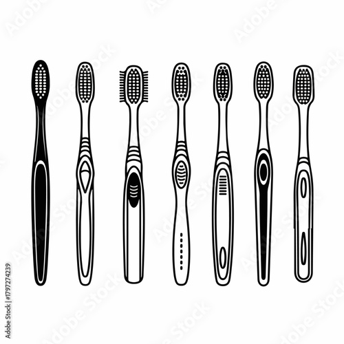 Set of vector icons illustrating various modern manual toothbrush designs, representing dental hygiene tools in black and white outline art.