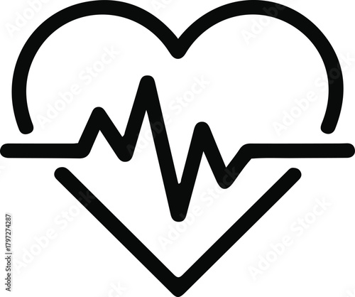 Heart health icon with ECG pulse line, Simple black outline symbol showing a heart combined with an electrocardiogram pulse, commonly representing wellness, fitness, medical care, and vitality.

