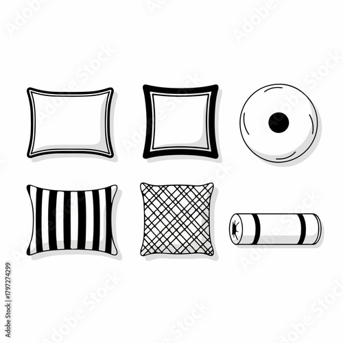 Vector set of black and white pillows and cushions, featuring various shapes like square, rectangular, round, bolster, and different fabric patterns for home decor.