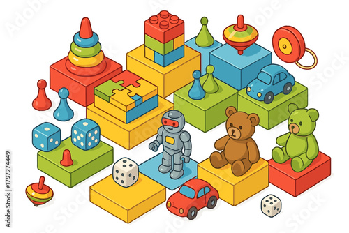 Isometric collection of colorful children's toys including teddy bears, building blocks, cars, and board game pieces
