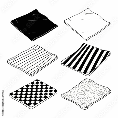 Isometric collection of six black and white folded napkins with various geometric and abstract patterns.