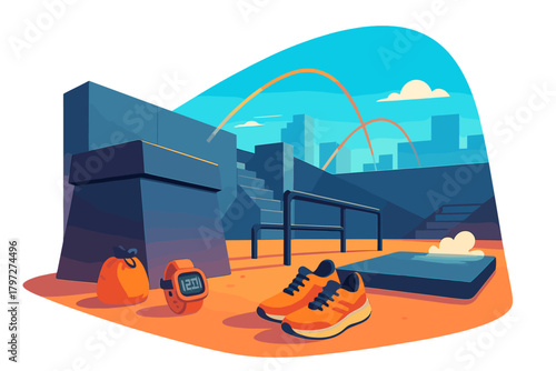 Parkour training gear setup including athletic shoes digital watch and safety mat near city skyline