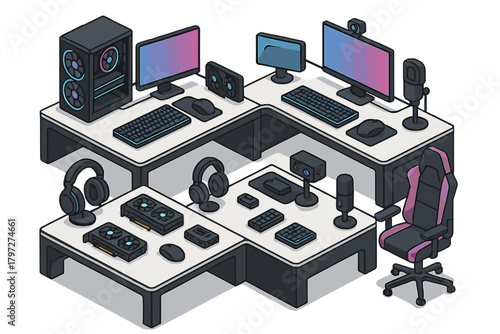 Professional gaming and streaming setup with multiple computers and high-end hardware components