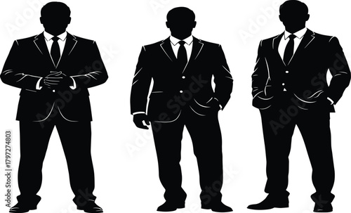 Set of three distinct black silhouettes of serious professional businessmen standing confidently in suits and ties, anonymous male figures isolated on a white background.