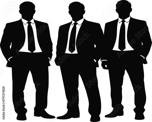 Vector graphic black silhouette of three professional businessmenin suits and ties standing together, team of anonymous executives or bodyguards isolated on white.