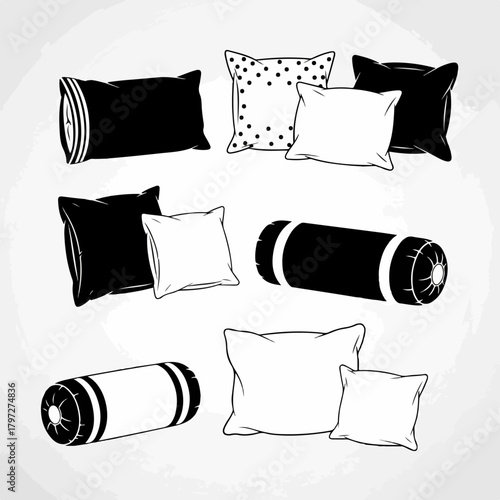 Black and white pillow and cushion set vector illustration. Assortment of home decor textiles including square, rectangular, and bolster shapes.