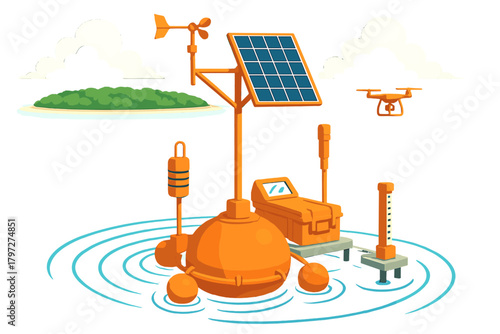 Autonomous monitoring buoy with solar panel and weather sensors observed by drone near green island