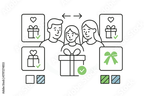 Happy family portrait of parents and child making decisions about gifts and preferences