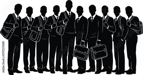 Large group black silhouette of professional men and male students in suits, standing together with bags and briefcases, vector illustration of a team.