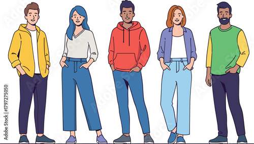 Hand-drawn vector illustration of diverse young adults standing together smiling confidently, a group of five millennial people in casual bright clothing, isolated.