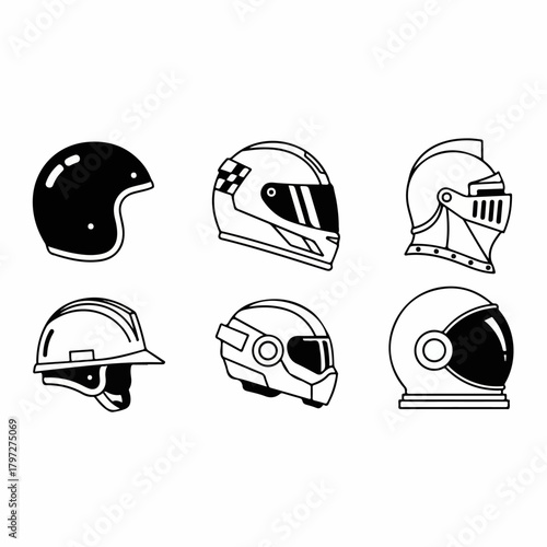 Diverse collection of protective helmets and headgear line art icons, including motorcycle, racing, construction, medieval, sci-fi, and astronaut styles.