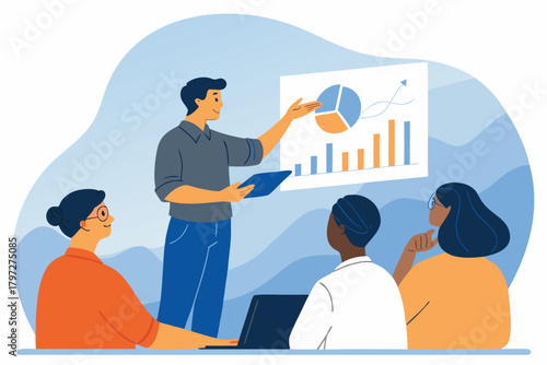 A male business professional confidently presents a detailed product analytics chart to his attentive diverse team, fostering collaboration and data-driven decisions.