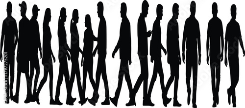 Black silhouettes of diverse people walking in line in profile view, men and women in various poses moving forward, isolated full-length banner.