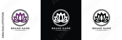 Three stylish lotus flower logos with circular frames and 'BRAND NAME' placeholder in purple, white, and black themes.