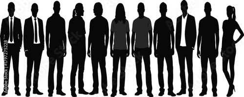 A group of diverse silhouetted people standing together in various poses, representing unity, teamwork, modern community, social connection, and MAS workflow concepts.